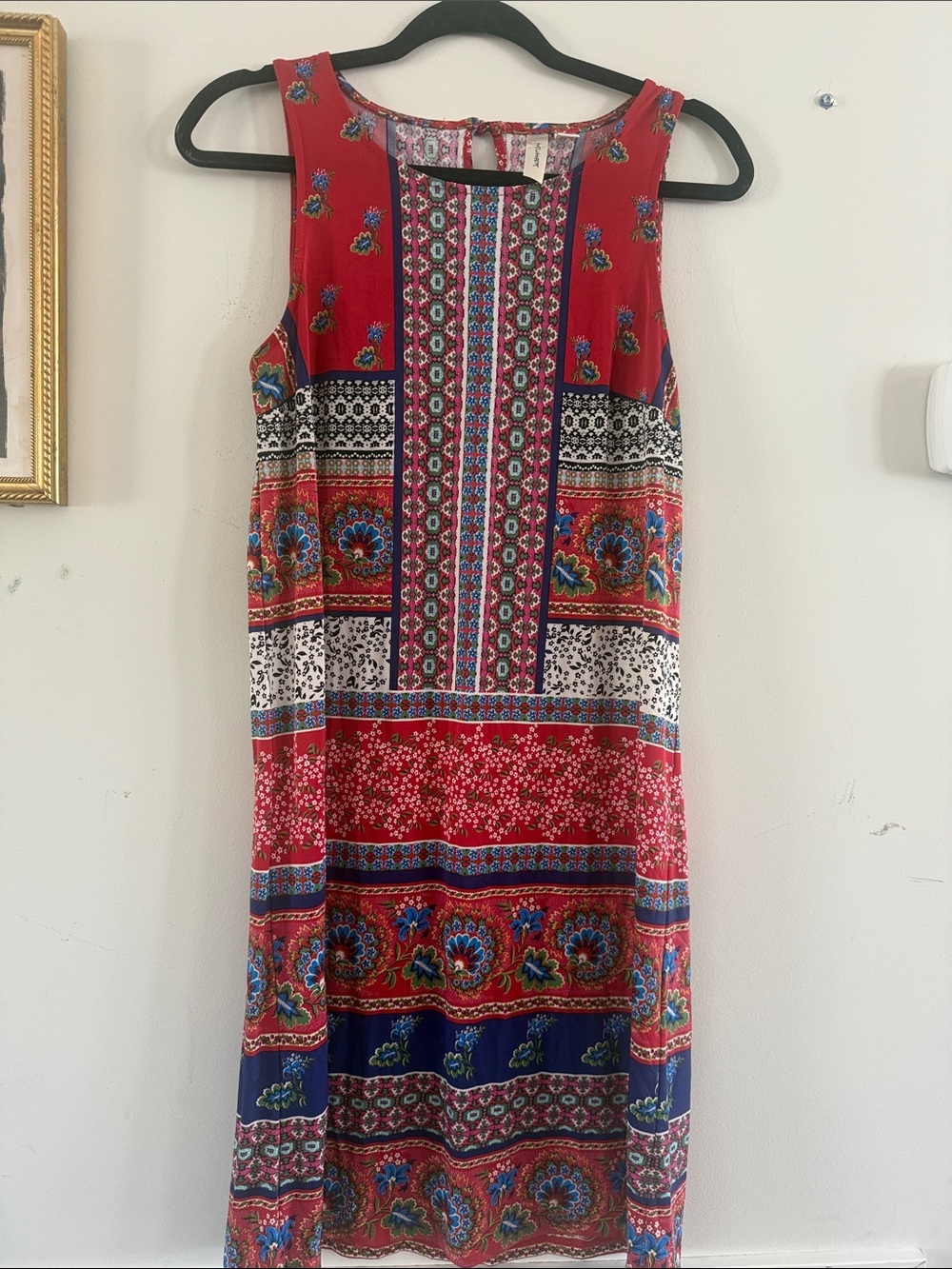 Tacera Red Multicolor Boho Print Midi Dress